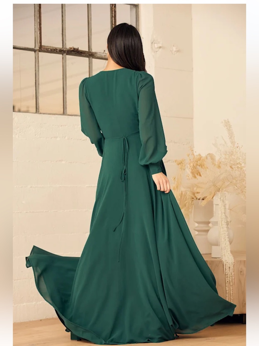 Lulus My Whole Heart Emerald Green Long Sleeve Wrap Dress. Size L - Picture 5 of 10